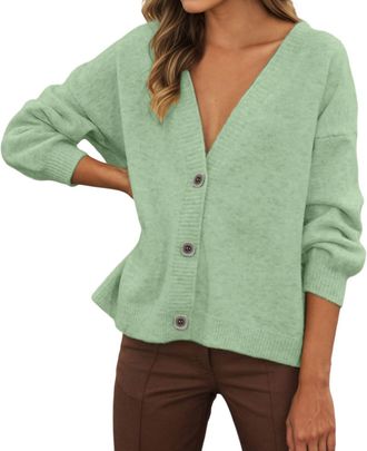 Generic Womens Cardigan Elegant Knit Cropped Sweater Soft Stretchable Retro Casual Classic Ribbed Oversized Summer/Autumn/Winter Cardigans for Women Green