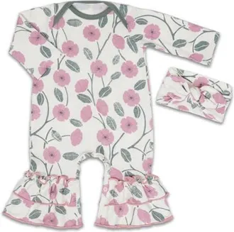 Everly Grey Ruffle Romper & Head Wrap Set in Honey Bloom at Nordstrom, Size 9-12M