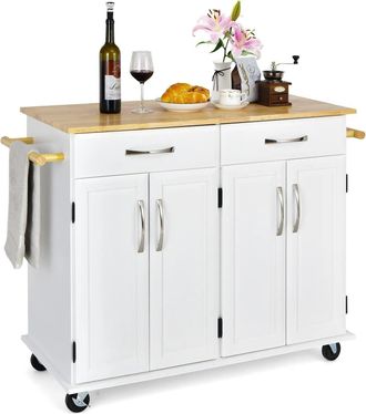 Costway Mobile Kitchen Island Utility Storage Trolley Cart w/ Rubber Wood Countertop