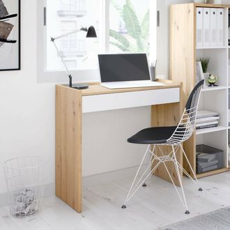 Dmora Escritorio Ddepaol, Escritorio Lineal Con Caj&oacute;n, Mesa De Estudio U Oficina Para Pc, 82x40h77 Cm, Roble Anudado Y Blanco - Dmora