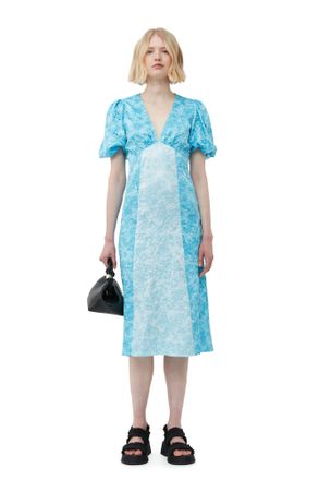 Ganni Crinkled Satin Midi Dress - Size 4 Blue