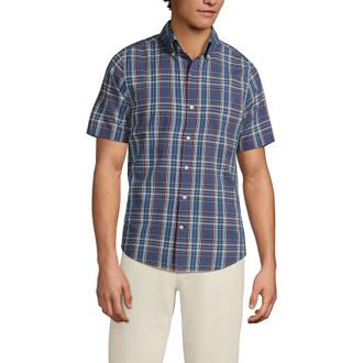 Lands End Traditional Fit Short Sleeve Madras Shirt in Light Indigo Blue Madras at Nordstrom, Size Xx-Large