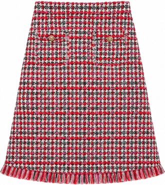 Self Portrait Red Houndstooth Tweed Gold Button A-Line Midi Skirt