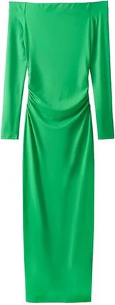 Generic Ankle-Length Dress Slash Neck Long Sleeves Womens Spring Fashion Sheath Long Dresses-Green-S