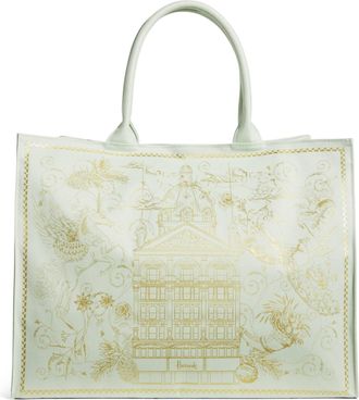 Harrods Luxury Shopping Large Tote Bag, Mint Green with Gold Foil Design, Decorative Building Print, Double Handle