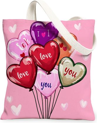 Generic Valentines Day Heart Balloons Canvas Tote Bags, Cute Love Design Reusable Grocery Bags, Lightweight Washable Shoulder Strap Canvas for Shopping Travel