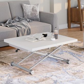 IDMarket Mesa De Centro Extensible Que Se Convierte En Mesa De Comedor Rectangular Altura 100-160 Cm, Con Tablero Blanco Y Patas Cromadas