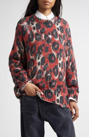 R13 Distressed Leopard Print Sweater in Red/Black Leopard at Nordstrom, Size Xx-Small