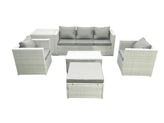 Fimous Rattan Garden Furniture Set with 3 Seater Sofa 2 Chair Rectangular Coffee Table Big Footstool Side Table Light Grey Mixed 6 Seater