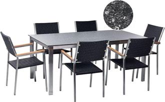 Beliani Conjunto De Jard&iacute;n Moderno 6 Plazas De Acero Inoxidable Mesa Comedor Tablero De Vidrio Sillas De Rat&aacute;n Efecto Granito Negro Cosoleto/grosseto