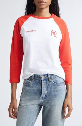 Sporty & Rich x Yankees Serif Cotton Baseball T-Shirt in White/fire Red at Nordstrom, Size X-Small