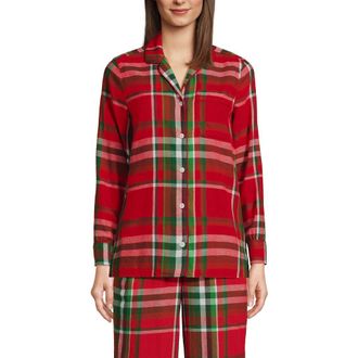 Lands End Long Sleeve Print Flannel Pajama Top in Compass Red/emerald Plaid at Nordstrom, Size Small