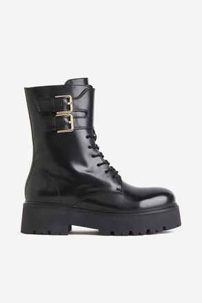 H&M Schn&uuml;rstiefel aus Leder - Schwarz