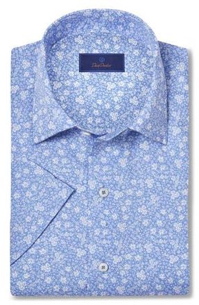 David Donahue Floral Print Short Sleeve Sport Shirt in Blue/White at Nordstrom Rack, Size Small
