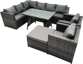 Fimous Fimous 9-seater Outdoor PE Rattan Sofa Set with Dining Table Patio Garden Furniture Sets with 2 Chair Big Stool Dark Grey Mixed