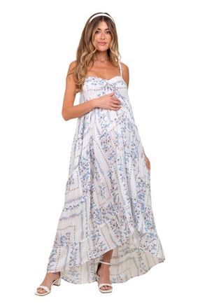 Pinkblush Hi-Lo Spaghetti Strap Patchwork Ruffle Maxi Dress in Light Blue at Nordstrom, Size Small