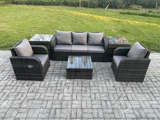 Fimous Garden Furniture Sets 5 Seater Wicker Rattan Furniture Patio Sofa Sets with Reclining Chair 3 Seater Sofa 2 Side Tables in Dark Grey