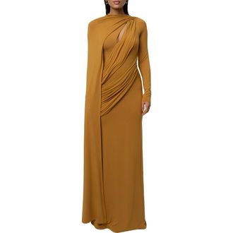 JLUXLABEL Draped Elegance Long Sleeve Gown in Gold at Nordstrom, Size X-Small
