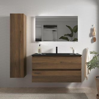 Cygnus Bath Mueble De Ba&ntilde;o Bequia 100cm Nogal Lavabo Negro Porcelana