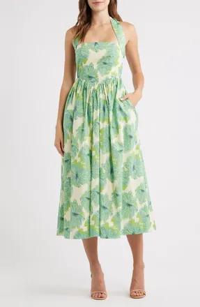 Lulus Kawaii Floral Print Halter Midi Dress in Green Multi at Nordstrom, Size X-Large