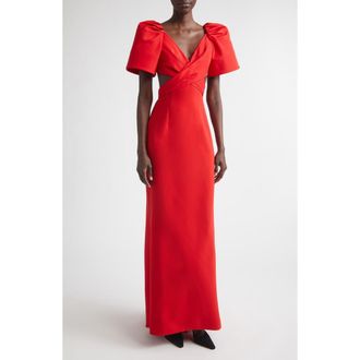 Carolina Herrera Bell Sleeve Crossover Faille & Crepe Gown in Herrera Red at Nordstrom, Size 8