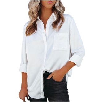 Generic HUIFUAO Women Long Sleeve Satin Shirt Plus Size V Neck Button Dwon Blouse with Pocket Black Basic Elegant Tops Work Tshirt Tunic (White, XXXXXL)