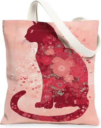 Generic Floral Cat Canvas Tote Bags, Vintage Animal Design Lightweight Reusable Grocery Bags, Romantic Spring Washable Shoulder Str, Peach, 13x15 Inch