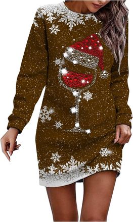 Generic Christmas Dresses for Women Oversized Christmas Dress Long Sleeve Jumper Crew Neck Xmas Graphic Print Sweatshirt Winter Casual Midi Dress Party Costum