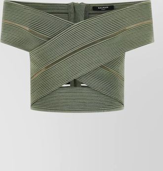Balmain off shoulder ribbed cropped knit top