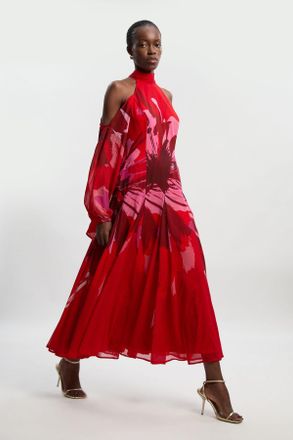 Karen Millen Womens Photographic Floral Crinkle Georgette High Neck Cold Shoulder Woven Maxi Dress - Multicolour - Size 6 UK