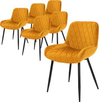 ML Design Ml-design - 6x Sillas De Comedor Ocre Estilo Retro Asiento Tapizado Aspecto De Terciopelo Patas De Metal Negras Con Respaldo Y Apoyabrazos Sill&oacute;n Para