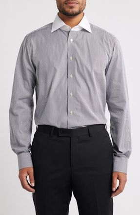 Emanuel Berg Modern Fit Stripe Cotton Poplin Dress Shirt in Black at Nordstrom, Size 41