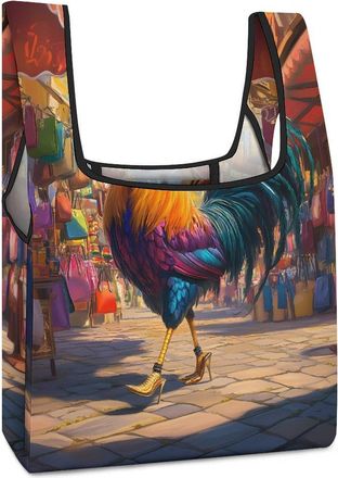 Generic Rooster in High Heels Shopping Reusable Shopping Bags Lightweight Foldable Grocery Bag Polyester Washable Tote Bag