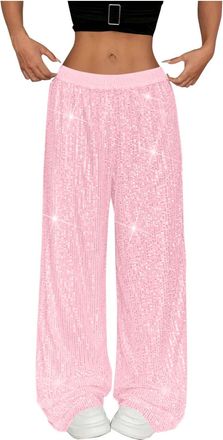 Generic Women Glitter Flare Pants Wide Leg Pants Elegant Shiny Bling Bell Rhinestone Sequined High Waist Loose Sparkly Trousers for Club Party Gym Yoga (Pink,