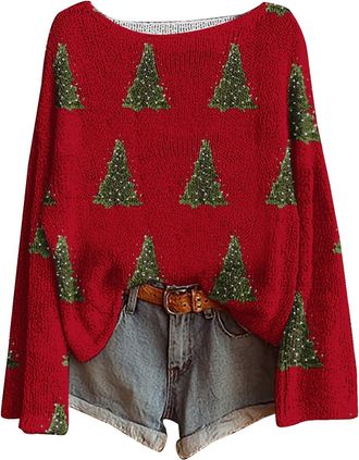 Generic Womens Christmas Jumpers Funny Xmas Tree Print Round Neck Knitwear Causal Boxing Day Jumper Baggy Soft Comfy Jumpers Xmas Chic Sweater for Holiday Par