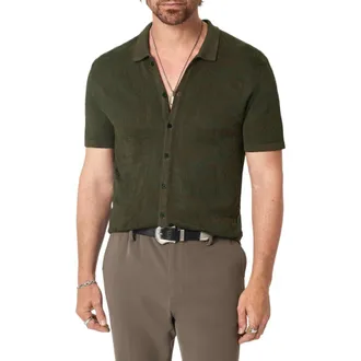 John Varvatos Cayden Jacquard Short Sleeve Full Button Cardigan in Teakwood at Nordstrom, Size Xx-Large