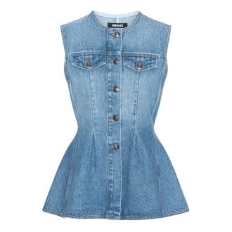 Rotate Rotate Birger Christensen - Uitlopende Denim Top - Dames - Blouses & Shirts - Blauw - Maat: XS Denim