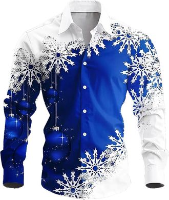 Generic Christmas Shirts for Men Big and Tall Xmas Snowflake Graphic Print Funny Dressy Casual Blouse Long Sleeve Button-Down Lapel Novelty Shirts Holiday Par