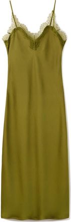Mango Lace Trim Satin Midi Slipdress in Green at Nordstrom, Size 2
