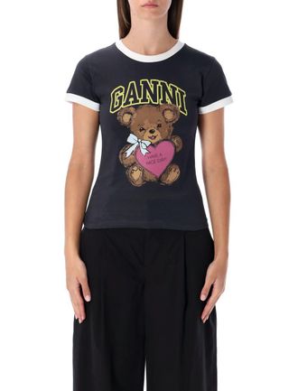 Ganni Black Cropped Teddy Cotton T-Shirt
