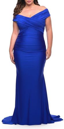La Femme Off the Shoulder Ruched Plus Size Gown with Train in Royal Blue at Nordstrom, Size 16W