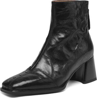TinaCus Womens Genuine Leather Ankle Boots Handmade Square Toe Back Zipper Block Heel Short Booties, Black, 6 UK