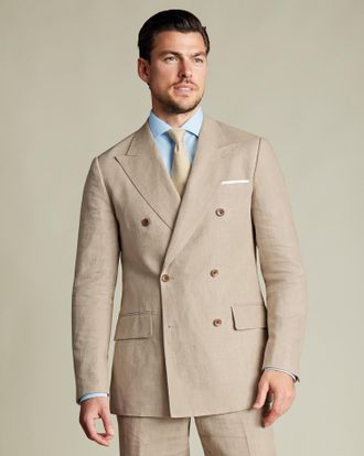 CHARLES TYRWHITT Double Breasted Linen Jacket - Taupe Size 36R R by Charles Tyrwhitt