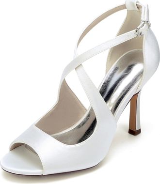 Generic Wedding Bridal Shoes Women Pumps Peep Satin Open Toe Strap Stiletto High Heel Dress Shoes Pumps Office Party Wedding9.5Cm,Ivory,10 UK