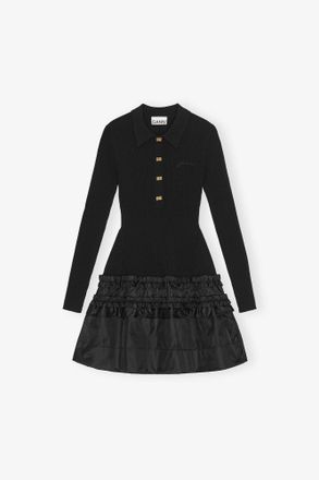 Ganni Black Mini Dress in Rib Knit Ruffle