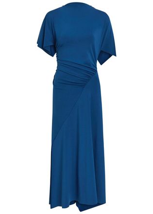 Victoria Beckham Asymmetric Ruched Stretch-jersey Midi Dress - Dark Blue - 10 (UK10 / S)