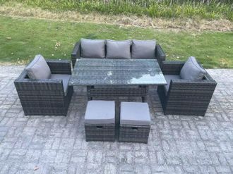 Fimous 7 Seater PE Wicker Rattan Garden Furniture Set Lounge Sofa Chair Dining Table Set 2 Stools in Dark Grey