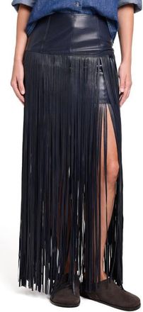 TWP Tangled Up Genuine Leather Fringe Skirt in Midnight at Nordstrom, Size 2