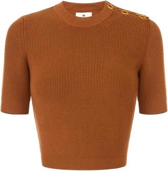 Elisabetta Franchi Gebreide top met juweeldetails - Dames - Ronde hals truien - Bruin - XL - Polyester - Truien & Vesten