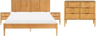 Beliani Conjunto De Dormitorio Estilo Escandinavo De Madera De Pino 2 Mesitas C&oacute;moda 6 Cajones Cama Doble 160 X 200 Cm Marr&oacute;n Claro Ambazac
